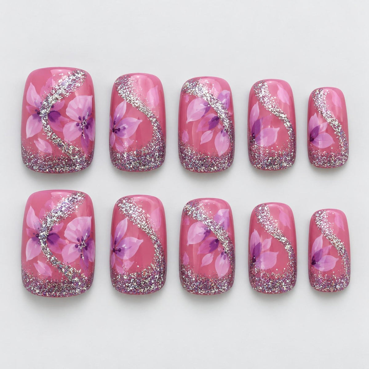 Faux ongles roses à arabesques pailletées - vue 2