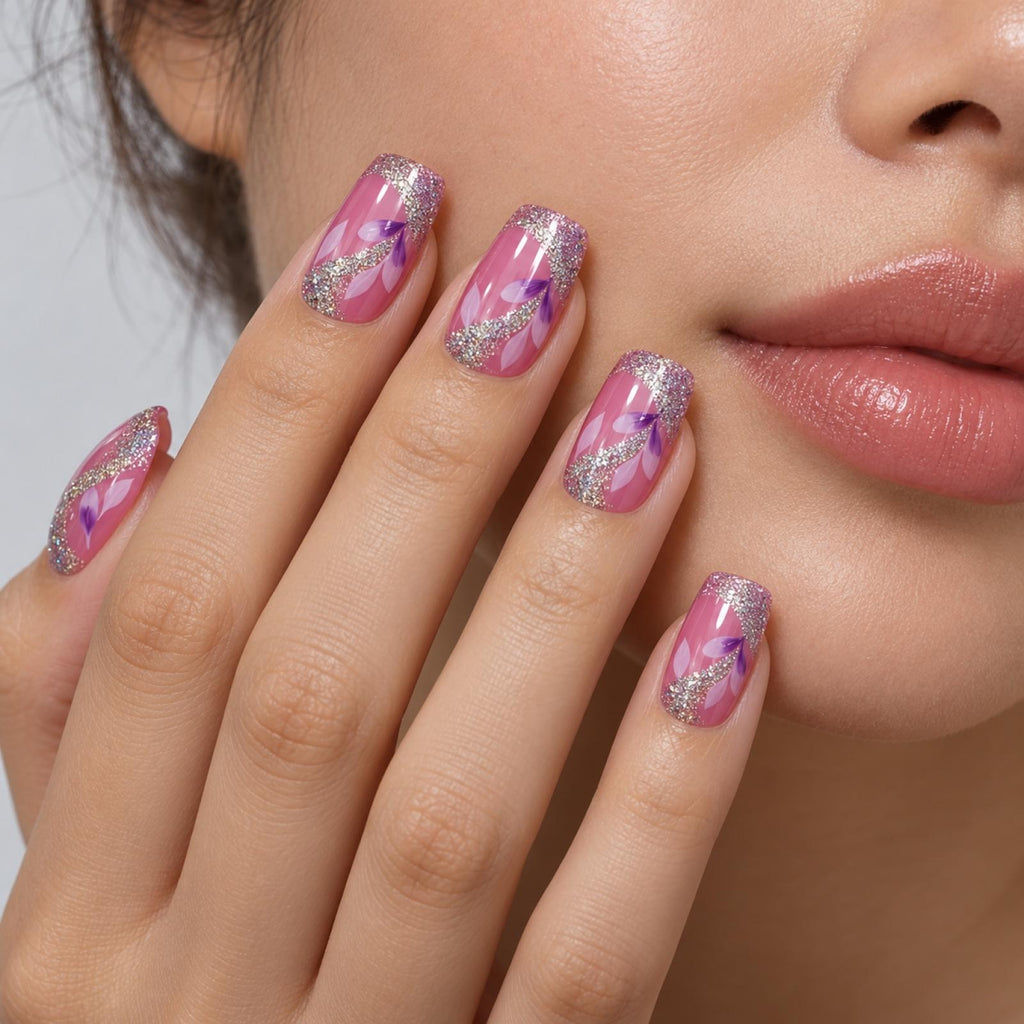 Faux ongles roses à arabesques pailletées - vue 3