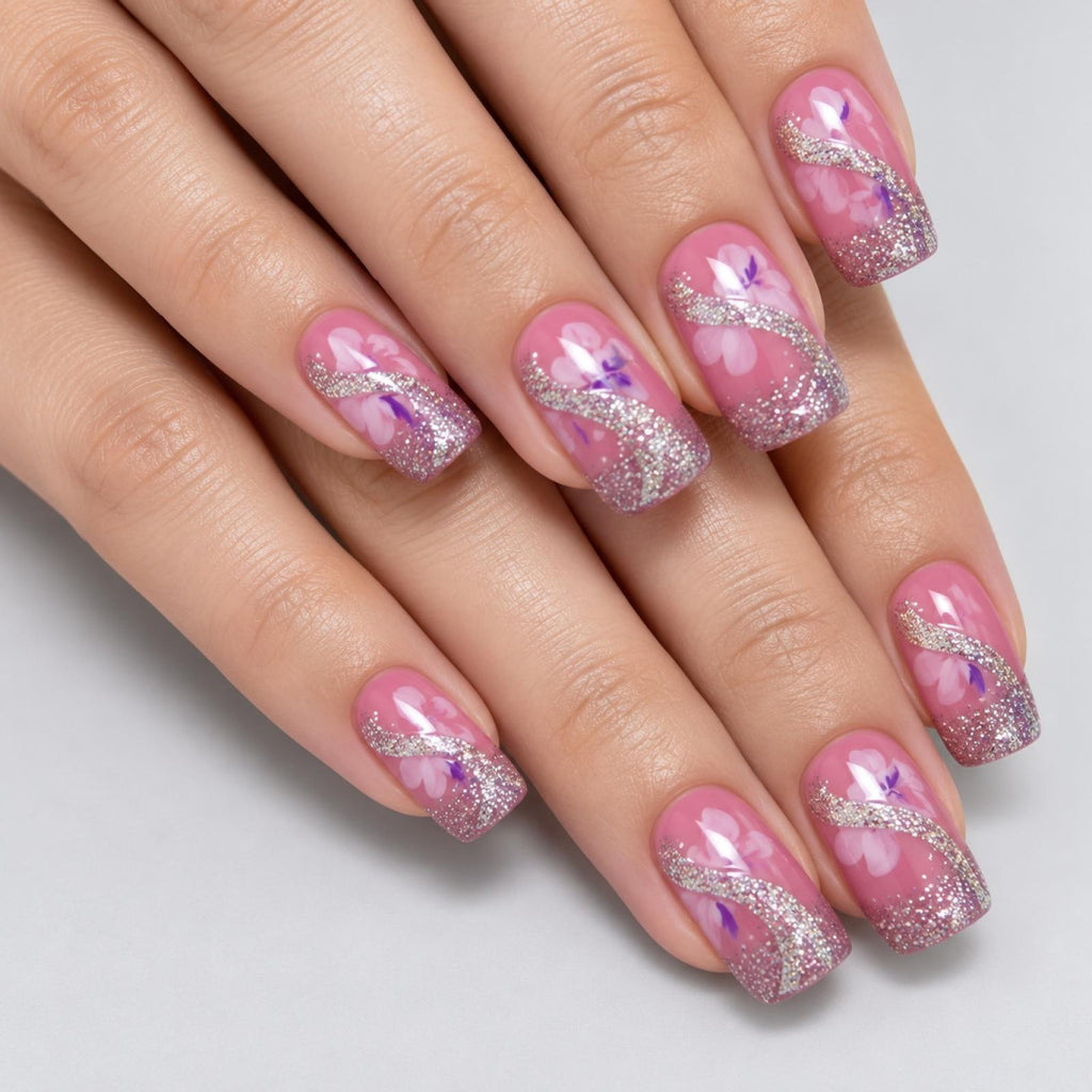 Faux ongles roses à arabesques pailletées - vue 4