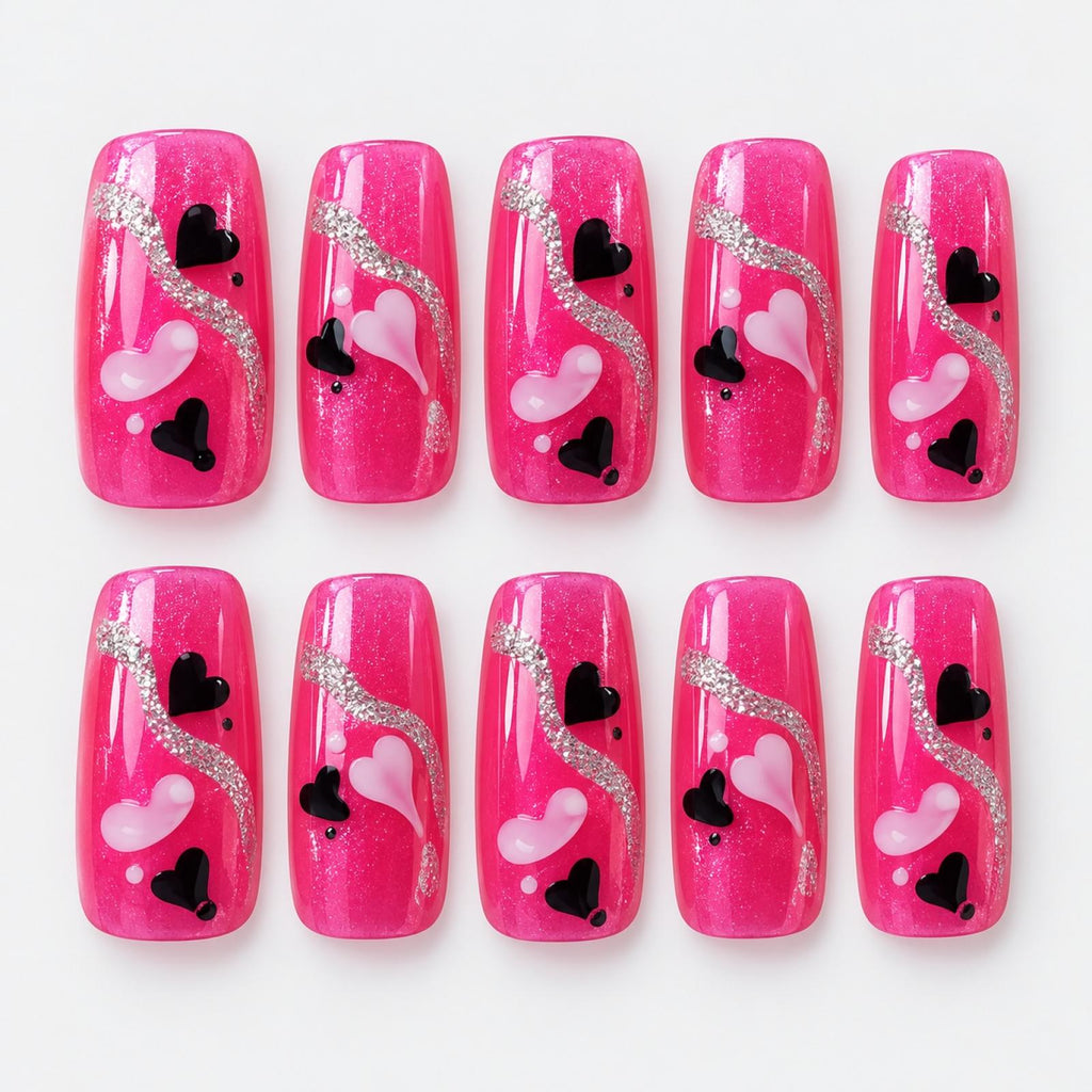 Faux ongles roses à cœurs et courbes scintillantes - vue 3