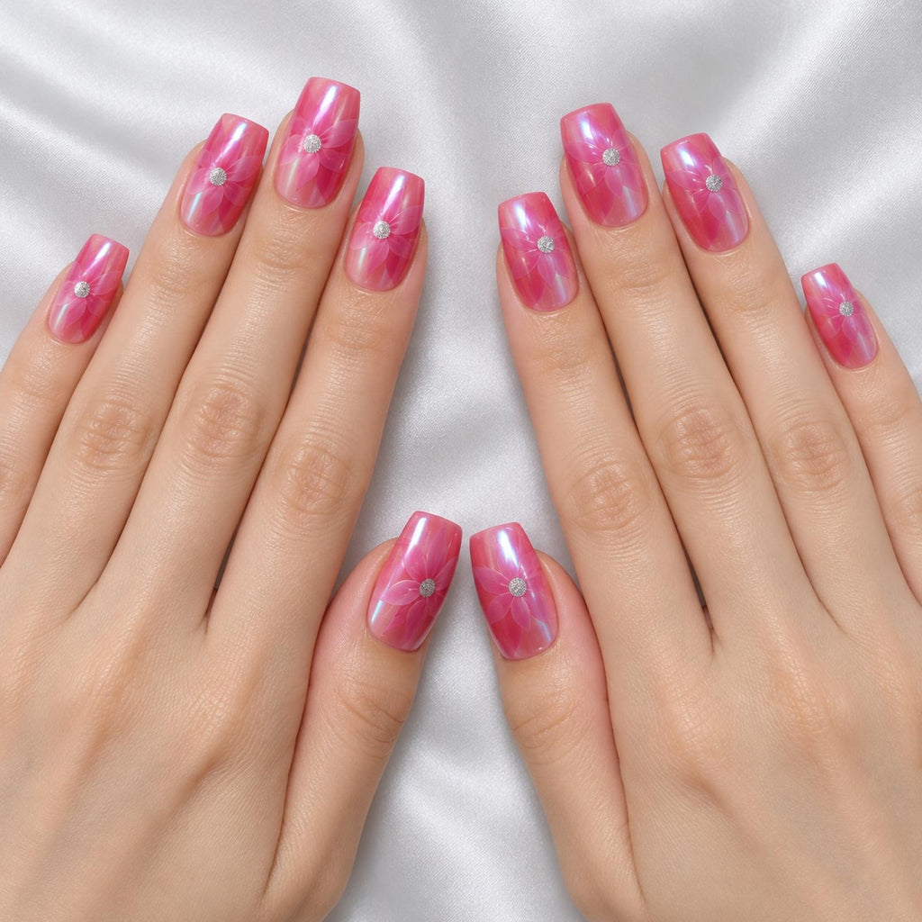 Faux ongles roses à fleurs et centre scintillant - vue 2