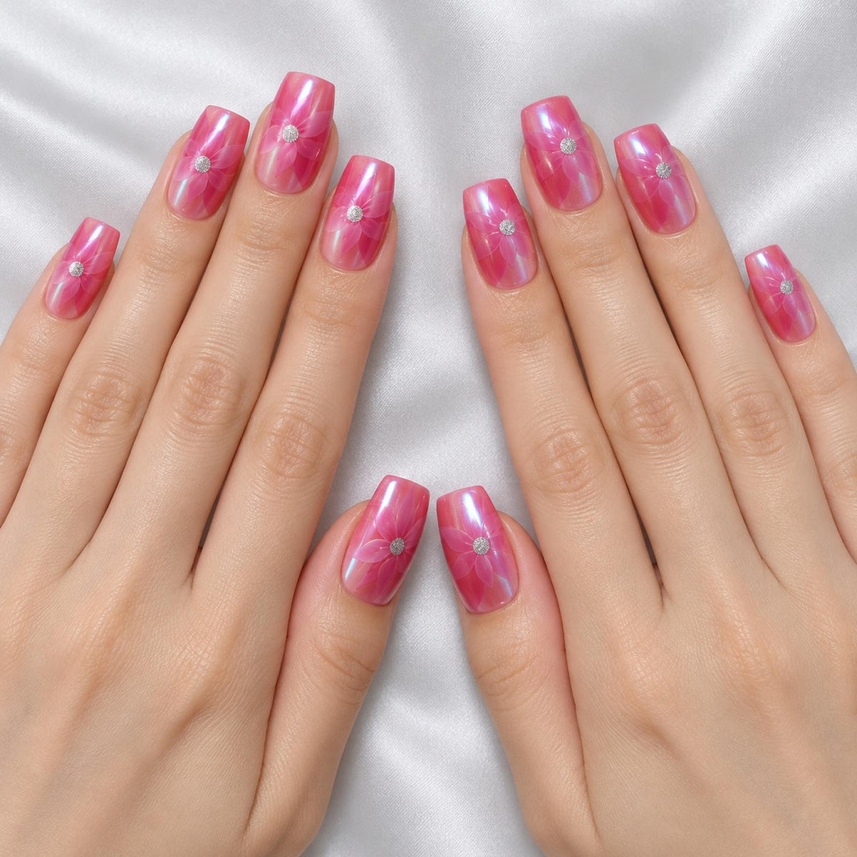 Faux ongles roses à fleurs et centre scintillant - vue 2