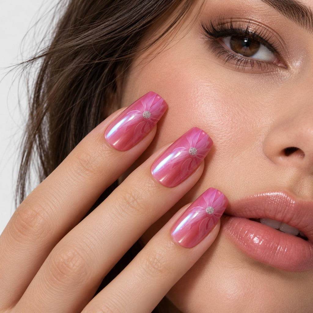 Faux ongles roses à fleurs et centre scintillant - vue 3