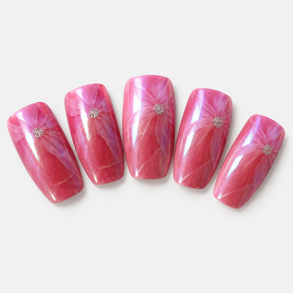 Faux ongles roses à fleurs et centre scintillant - vue 4