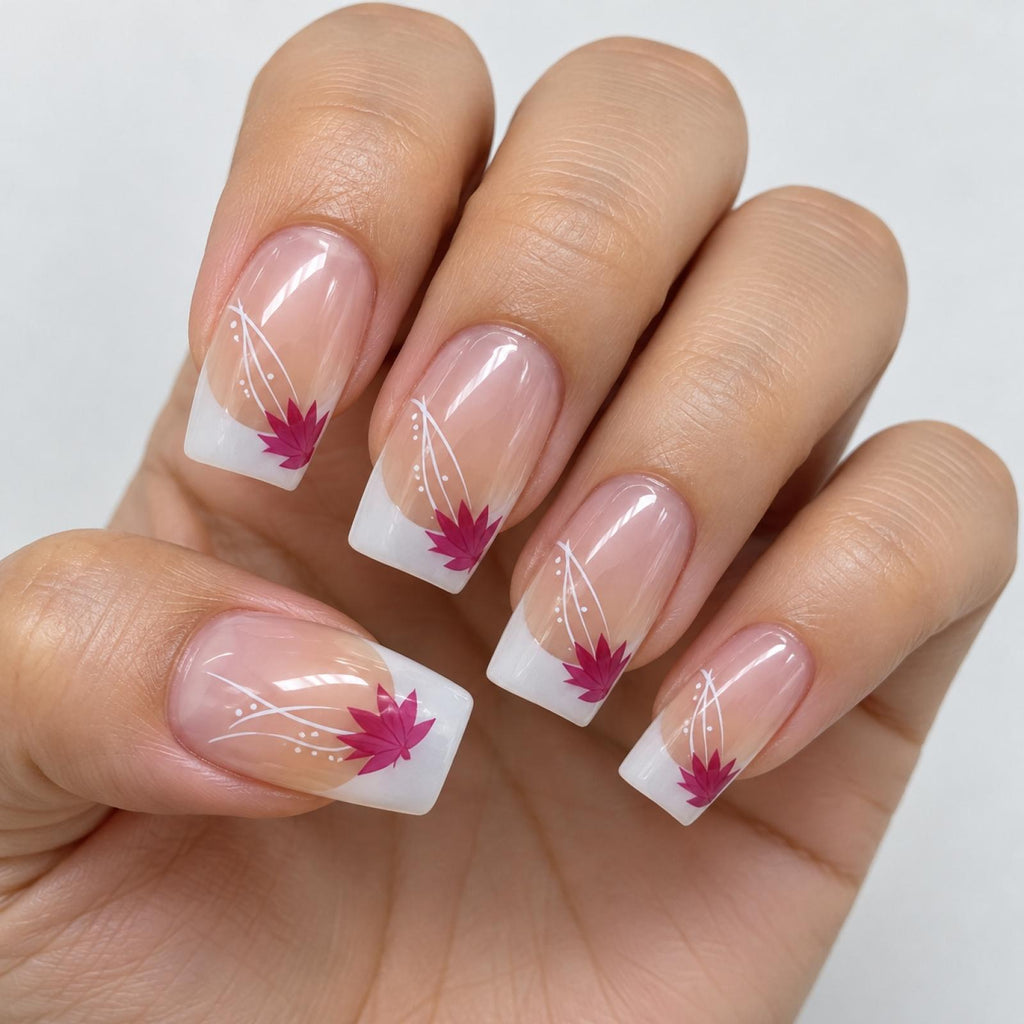 Faux ongles roses à fleurs et lignes blanches - vue 2