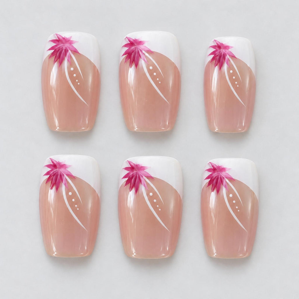 Faux ongles roses à fleurs et lignes blanches - vue 3