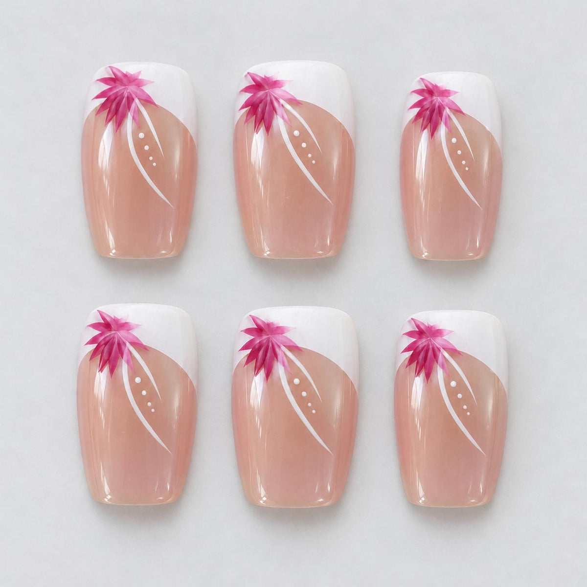 Faux ongles roses à fleurs et lignes blanches - vue 3