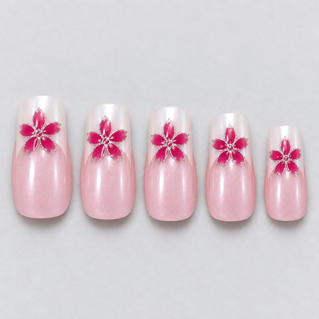 Faux ongles roses à fleurs fuchsia scintillantes