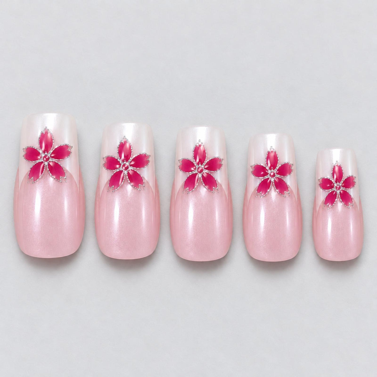 Faux ongles roses à fleurs fuchsia scintillantes