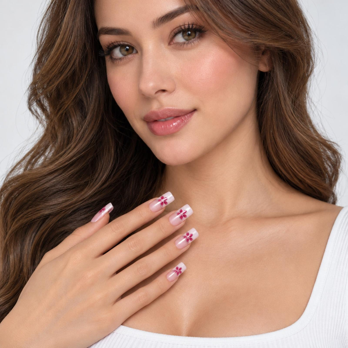 Faux ongles roses à fleurs fuchsia scintillantes - vue 2