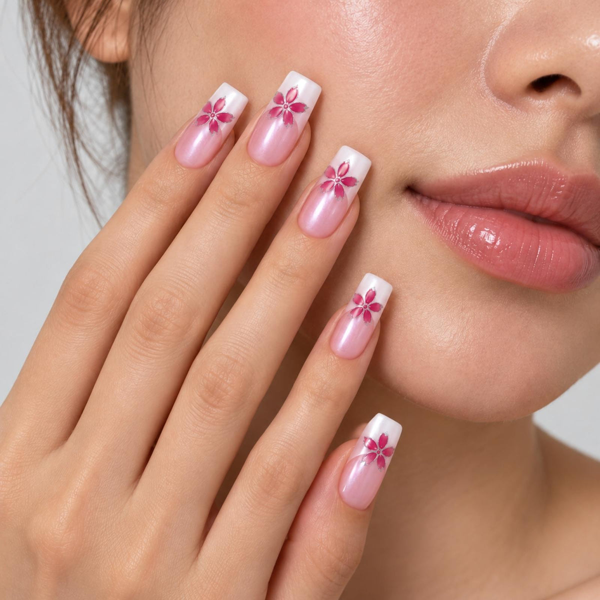 Faux ongles roses à fleurs fuchsia scintillantes - vue 3