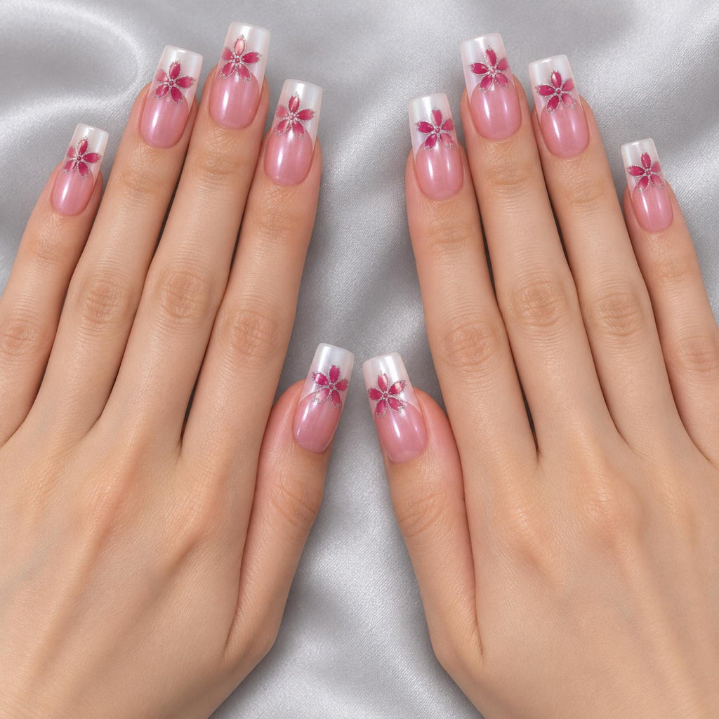 Faux ongles roses à fleurs fuchsia scintillantes - vue 4