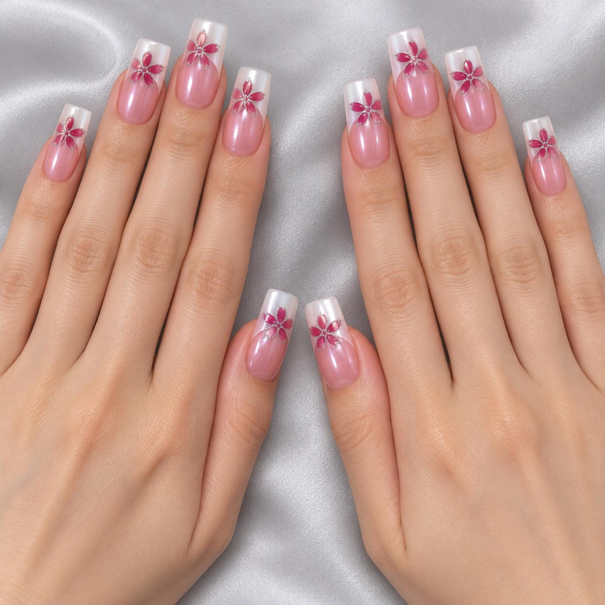 Faux ongles roses à fleurs fuchsia scintillantes - vue 4