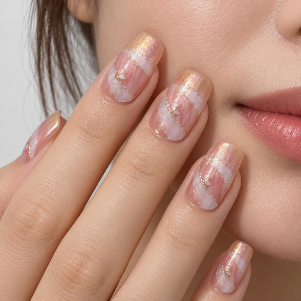 Faux ongles roses à rubans blancs et touches dorées - vue 2