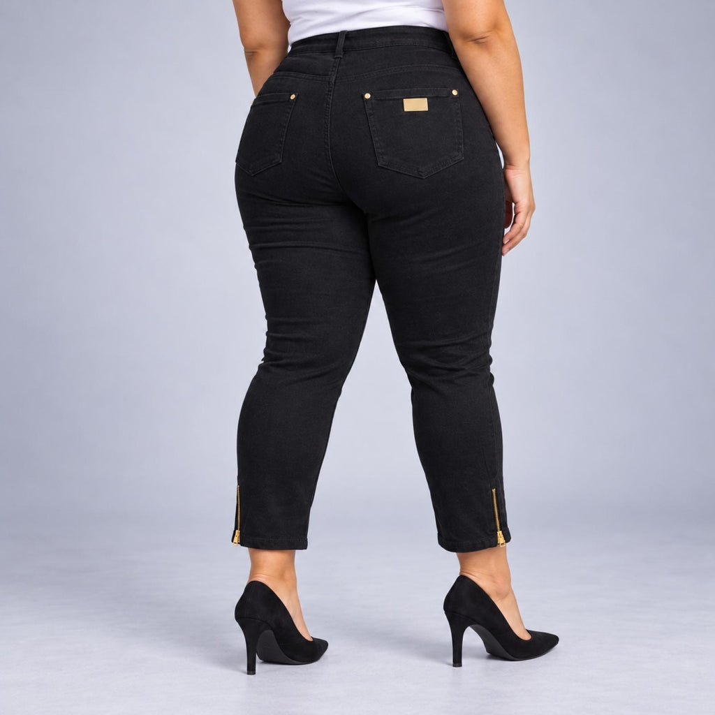 Jean grandes tailles noir raccourci à zips dorés Modèle Venise - vue 2