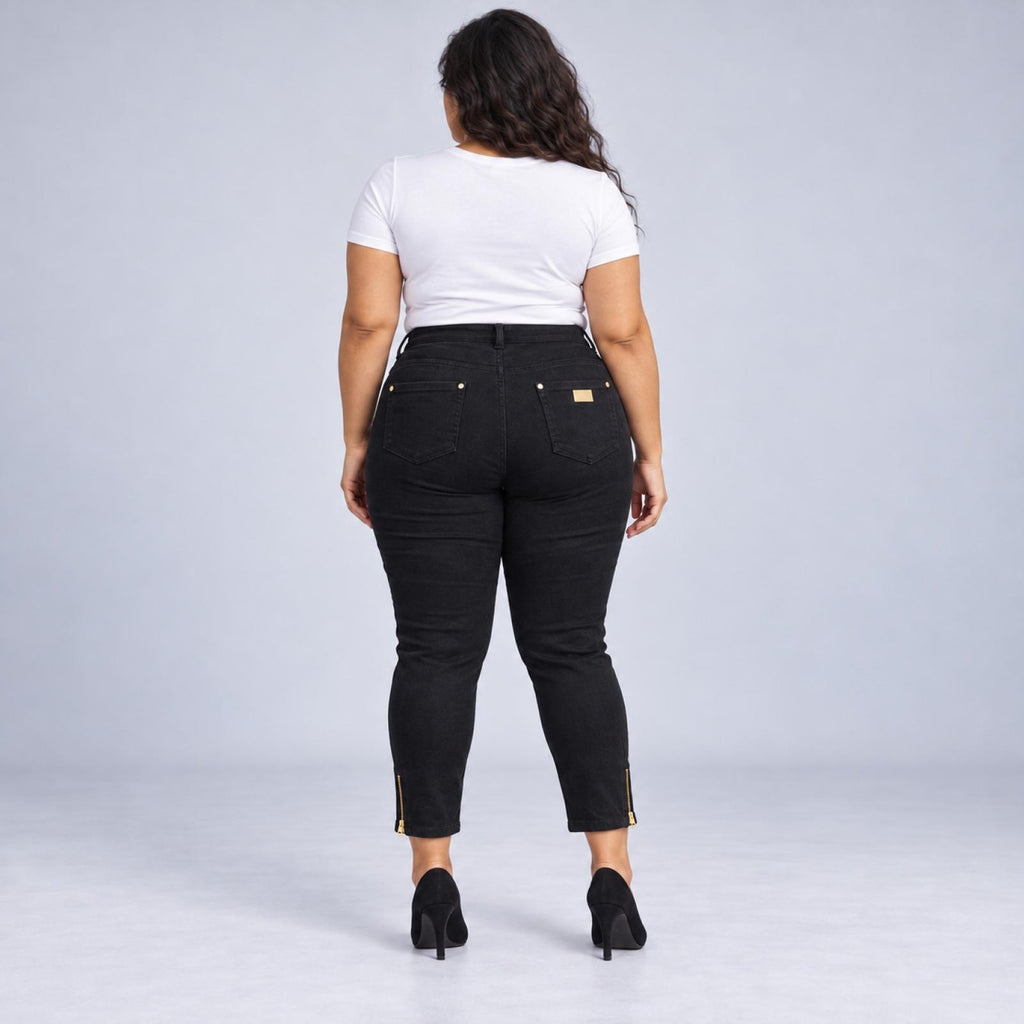 Jean grandes tailles noir raccourci à zips dorés Modèle Venise - vue 3