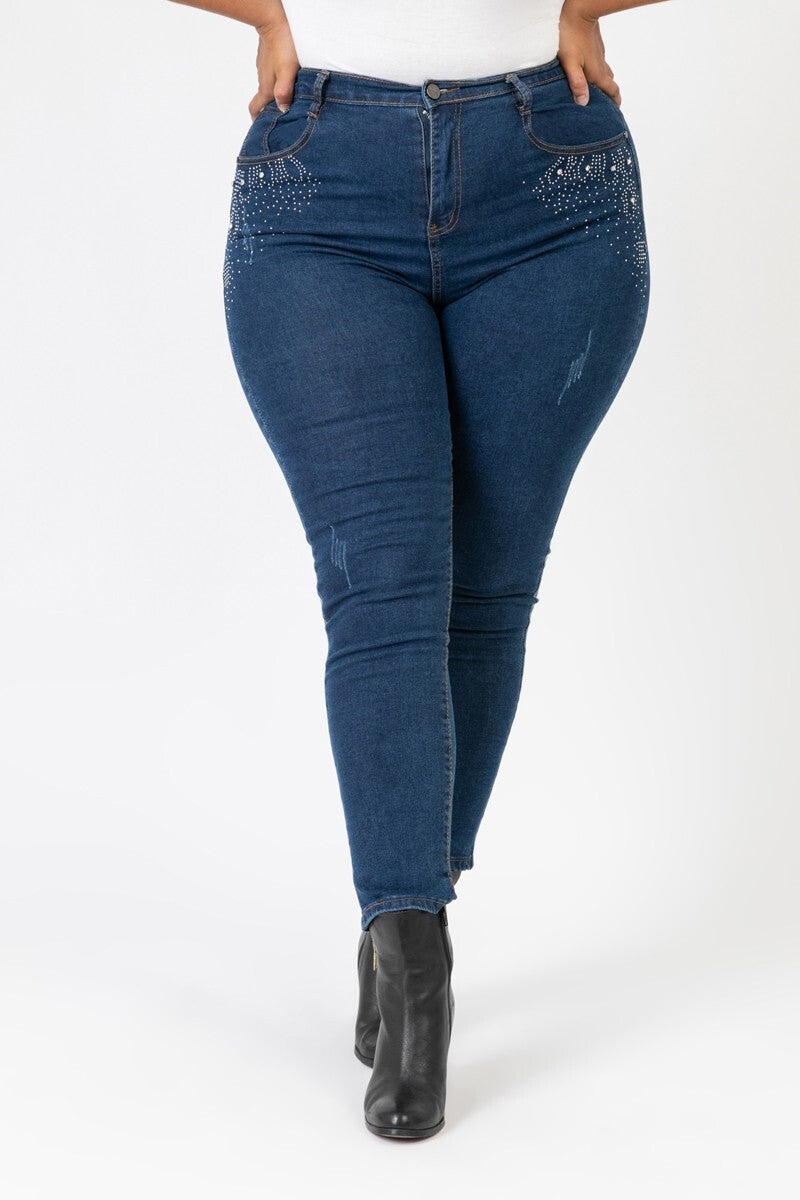 Jean grandes tailles skinny bleu à strass Modèle Venise
