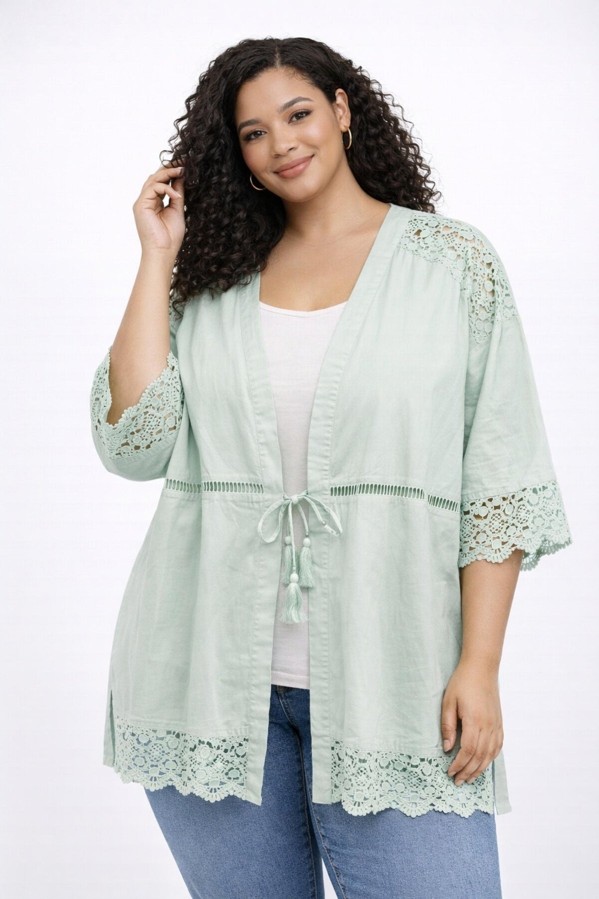 Kimono grandes tailles vert d’eau dentelle Modèle Hailey - Santa Mode