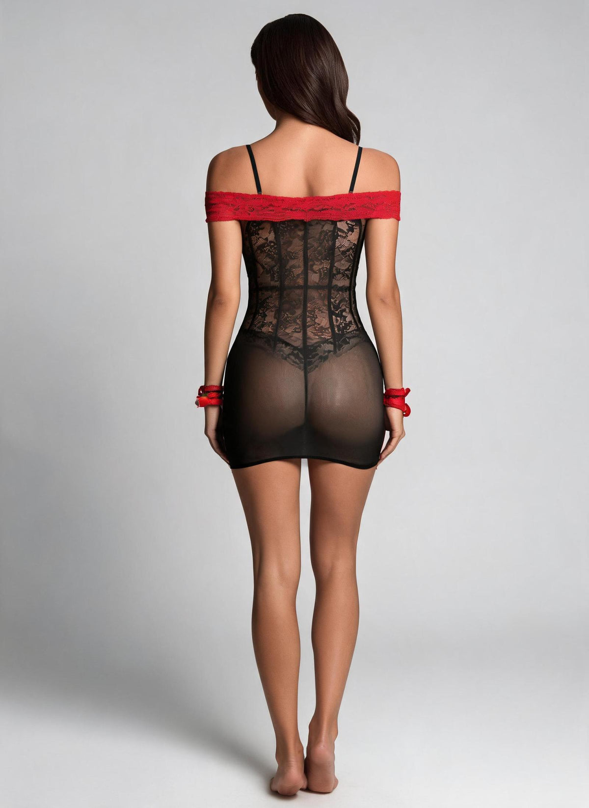 Lingerie/Déguisement noire ajourée à dentelle rouge Modèle Shaan - vue 2