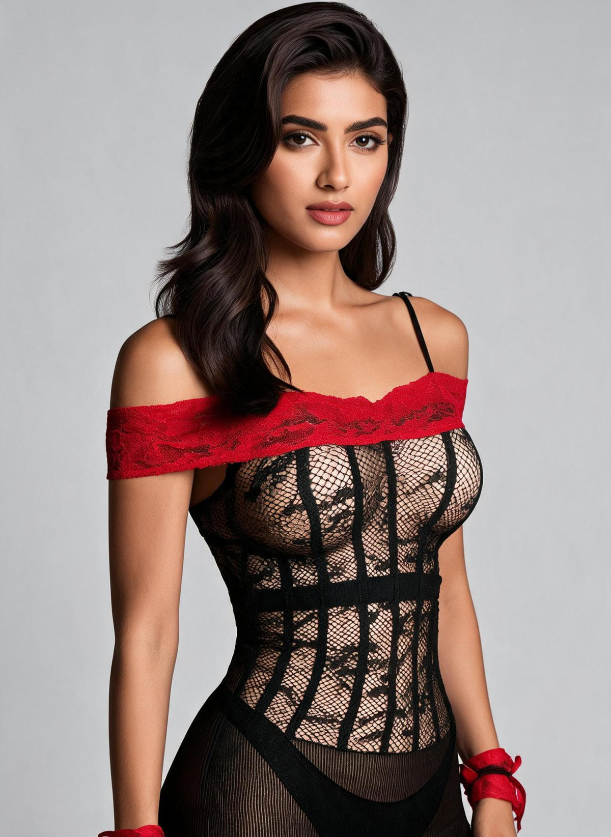 Lingerie/Déguisement noire ajourée à dentelle rouge Modèle Shaan - vue 4
