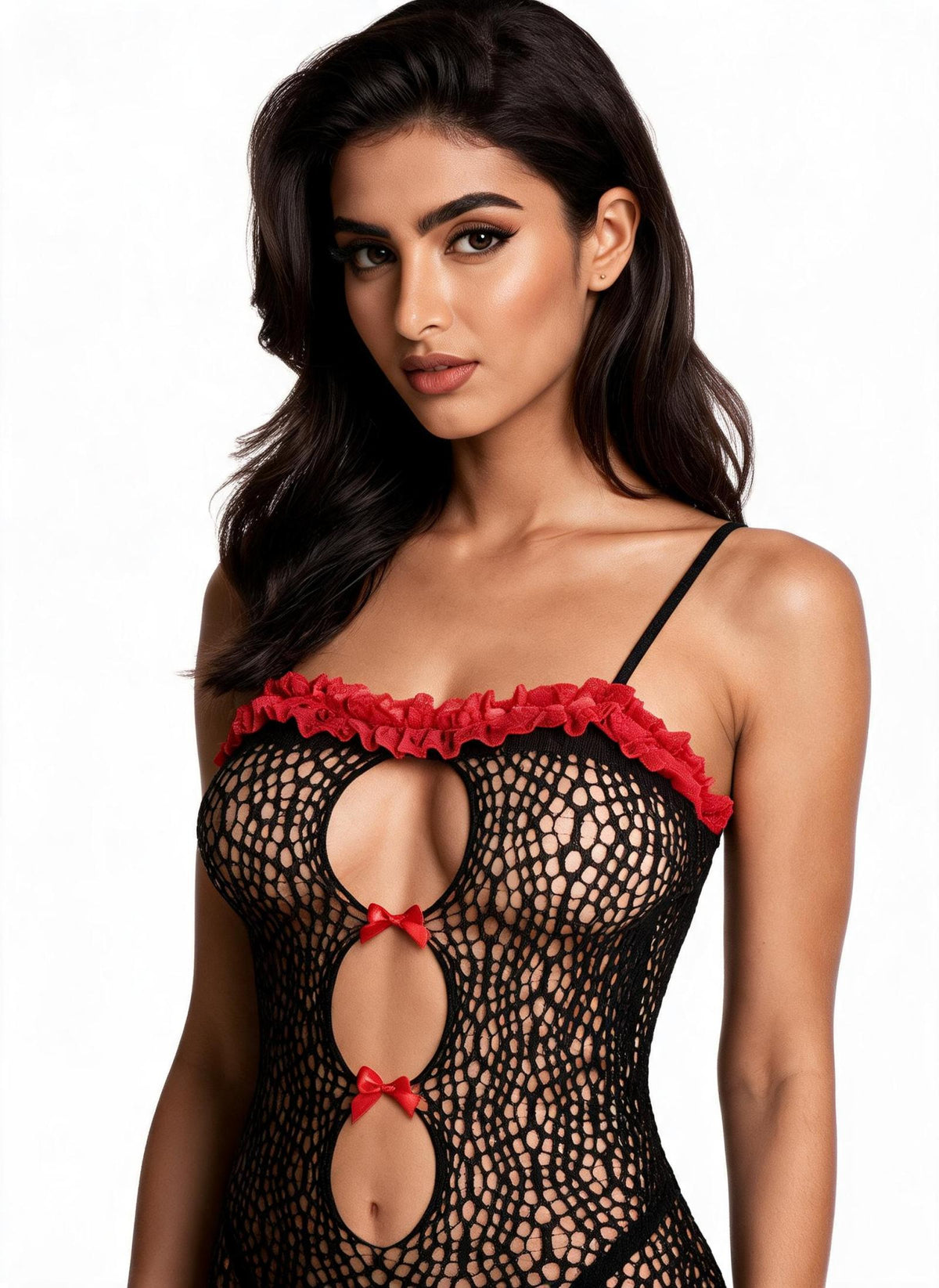 Lingerie/Déguisement noire en maille filet à détails rouges Modèle Laïa - vue 3