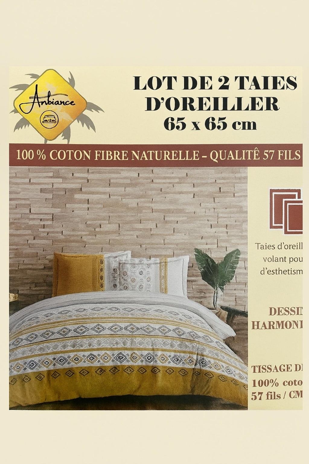 Lot de 2 taies d’oreiller Sabrina Blanc à motif doré 65x65cm