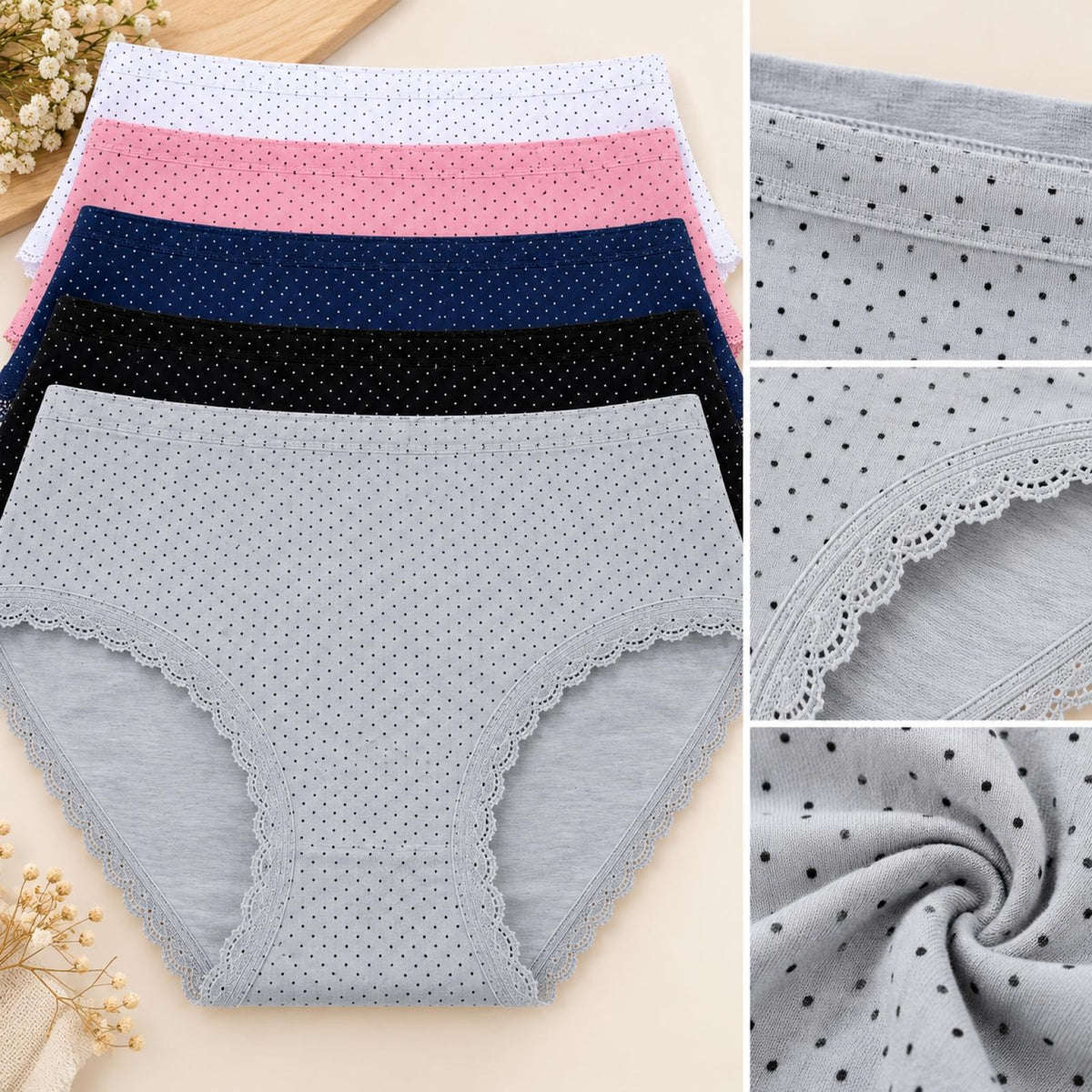 Lot de 5 culottes modèle Amélie à pois et dentelle - vue 2
