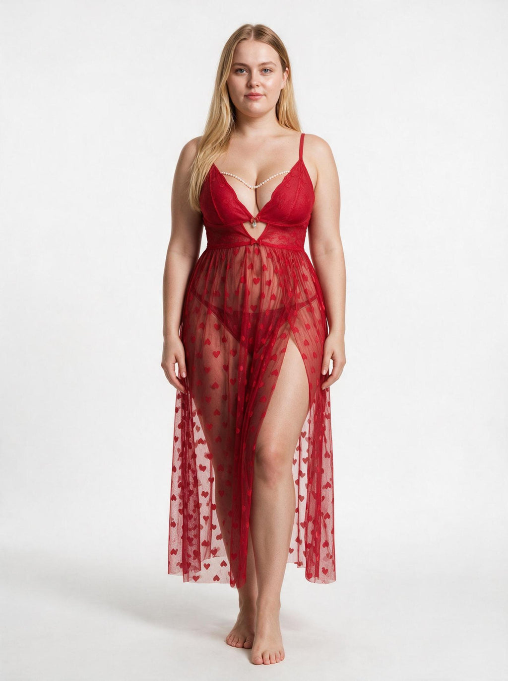 Nuisette rouge à cœurs et pans ouverts Modèle Kenzah - vue 2