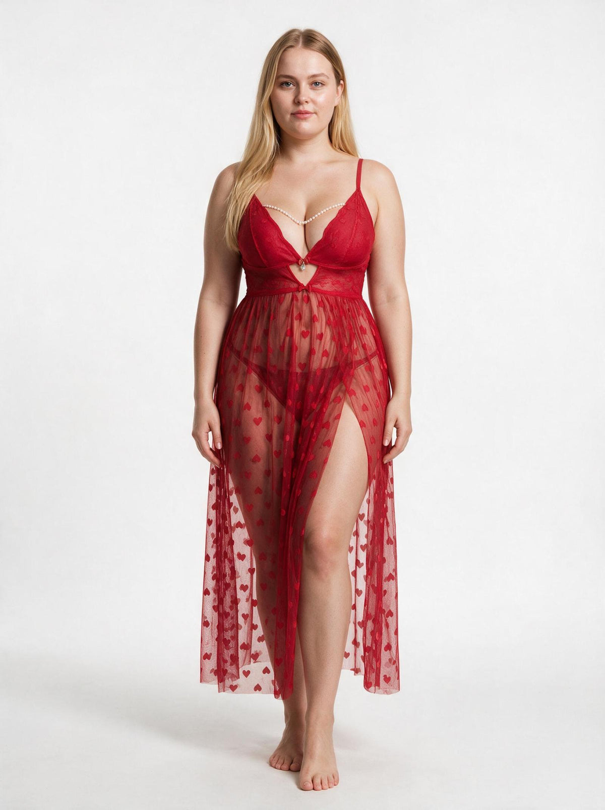 Nuisette rouge à cœurs et pans ouverts Modèle Kenzah - vue 2