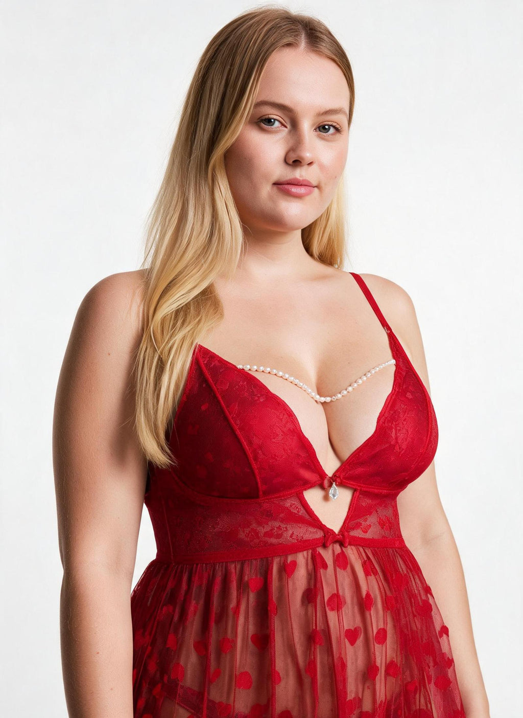 Nuisette rouge à cœurs et pans ouverts Modèle Kenzah - vue 4