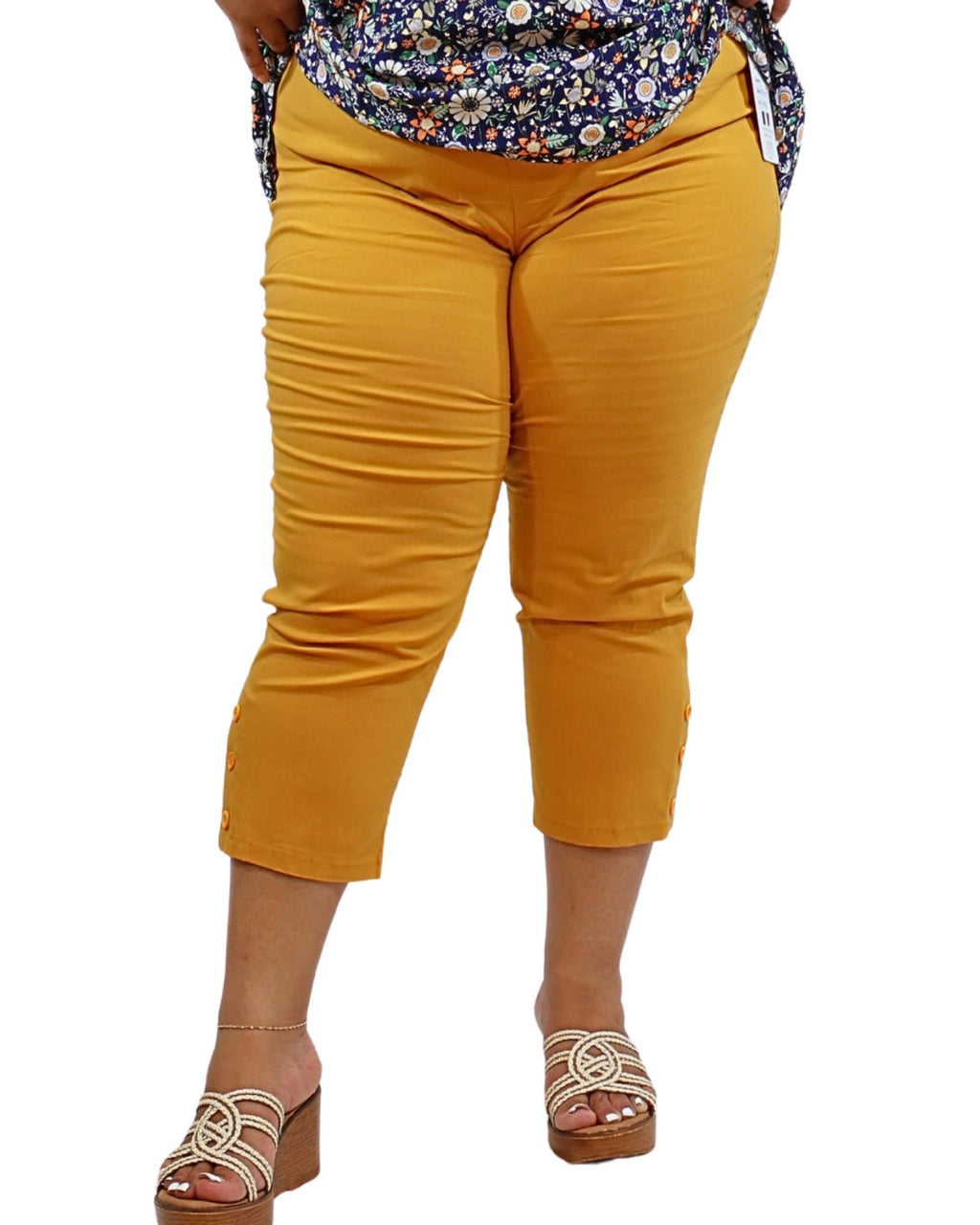 Pantacourt femme grandes tailles moutarde boutons bas Modèle Melbourne