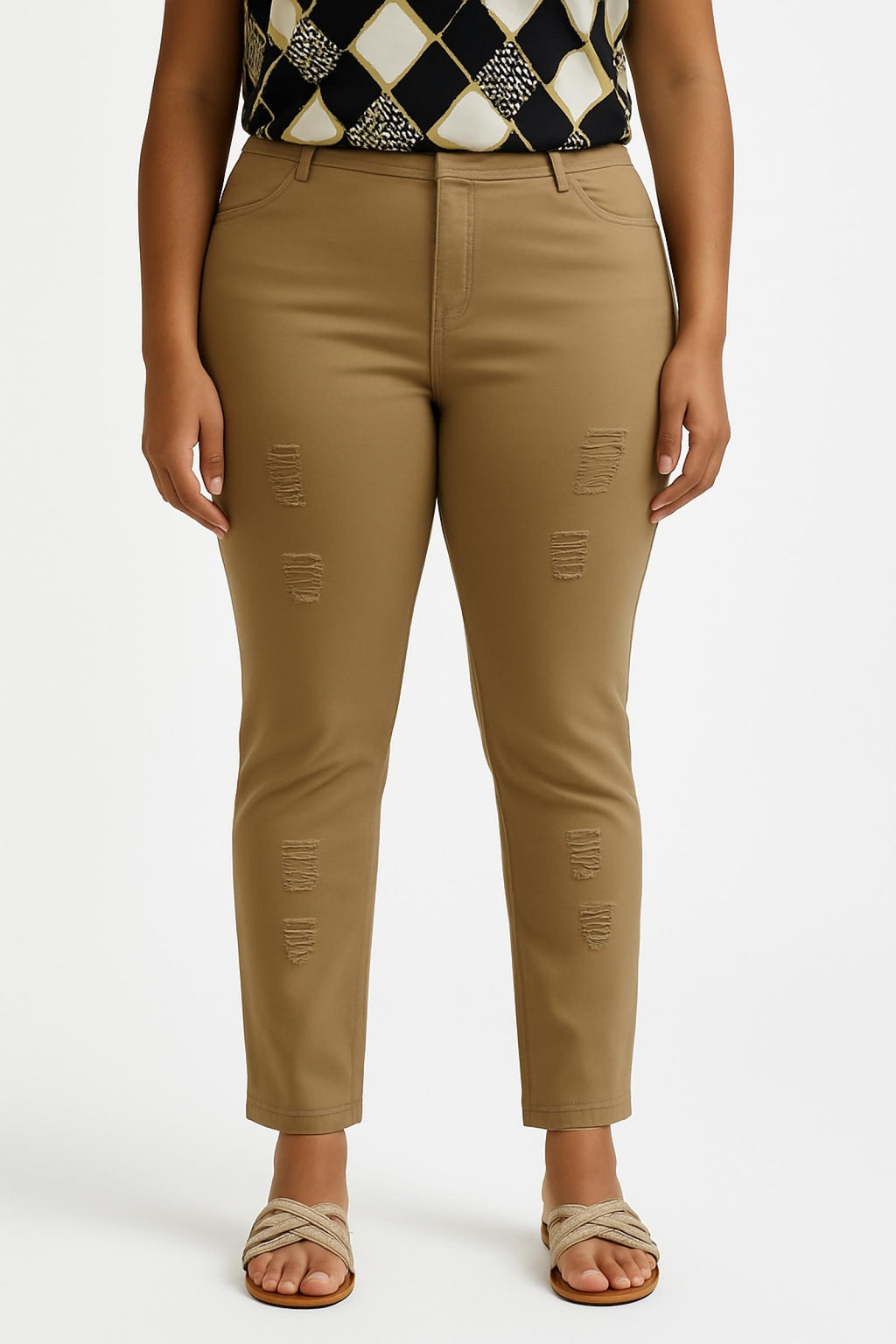 Pantalon femme grandes tailles camel taille haute Modèle Valence
