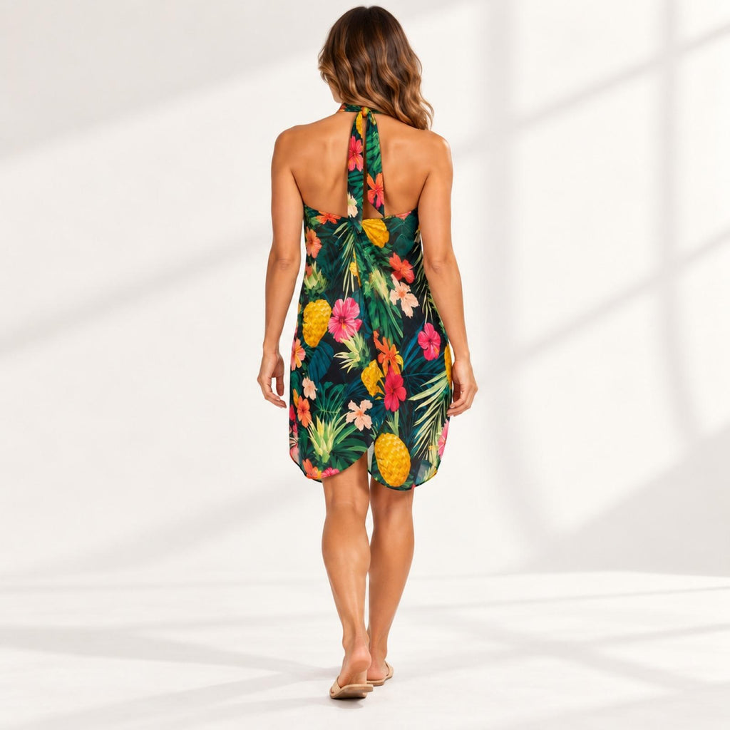 Paréo de plage vert foncé à ananas et fleurs - vue 3