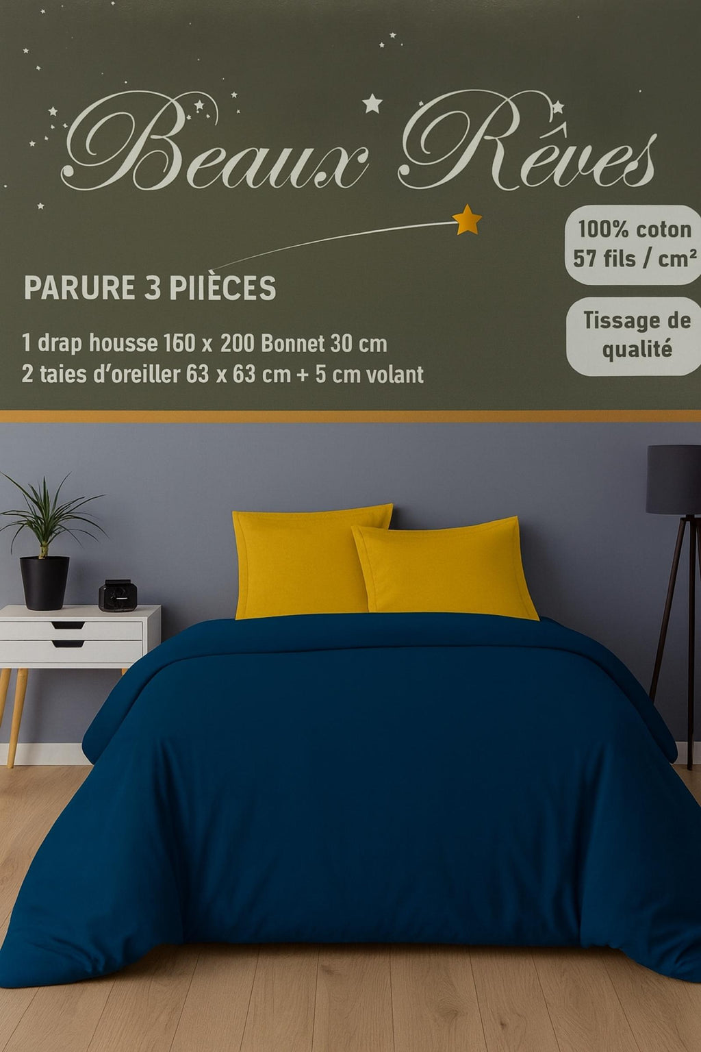 Parure de Lit Aurélie 3 pièce Bleu/Jaune 1 drap housse 160x200 bonnets 30cm 2 taies d’oreiller 63x63cm + 5cm volant
