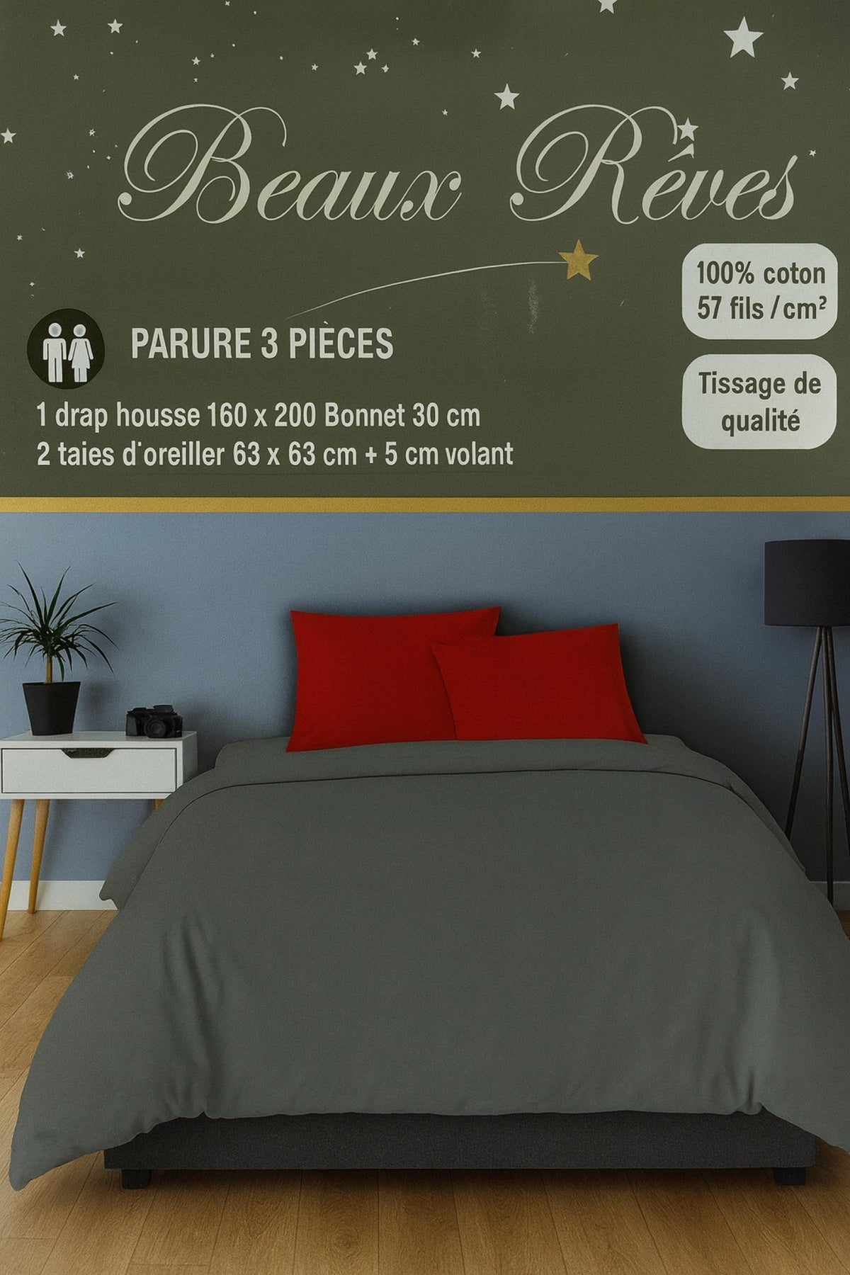 Parure de Lit Aurélie 3 pièce Gris/Rouge 1 drap housse 160x200 bonnets 30cm 2 taies d’oreiller 63x63cm + 5cm volant