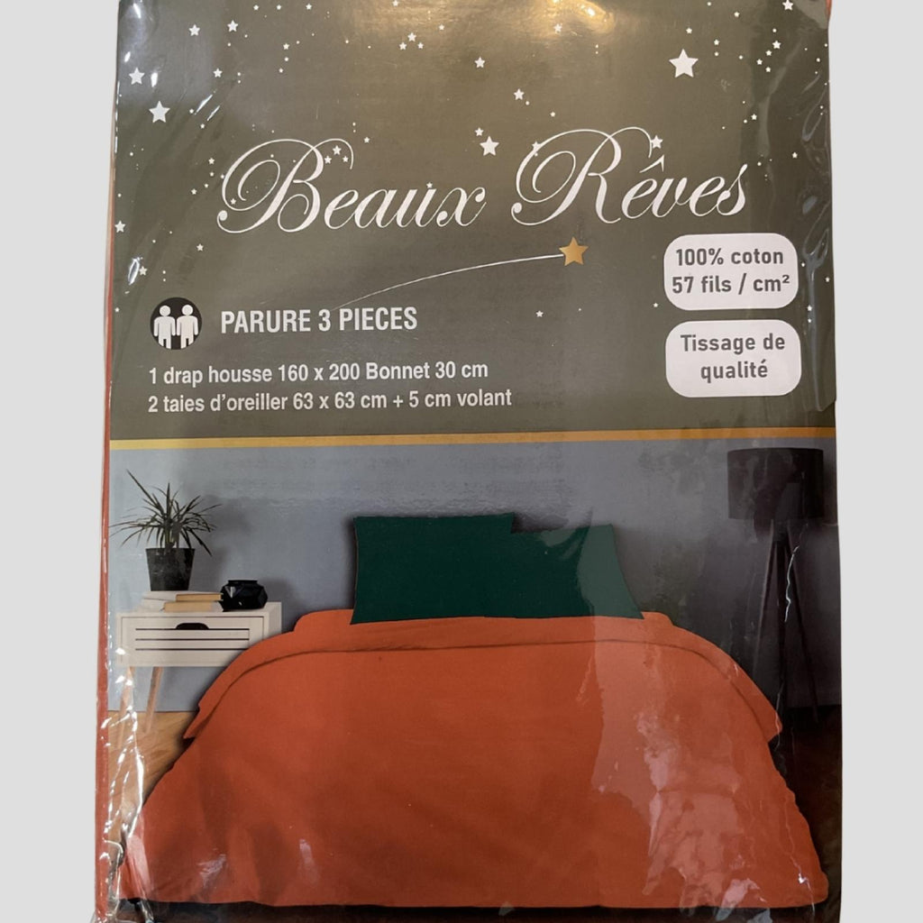 Parure de Lit Aurélie 3 pièce Orange/Vert 1 drap housse 160x200 bonnets 30cm 2 taies d’oreiller 63x63cm + 5cm volant