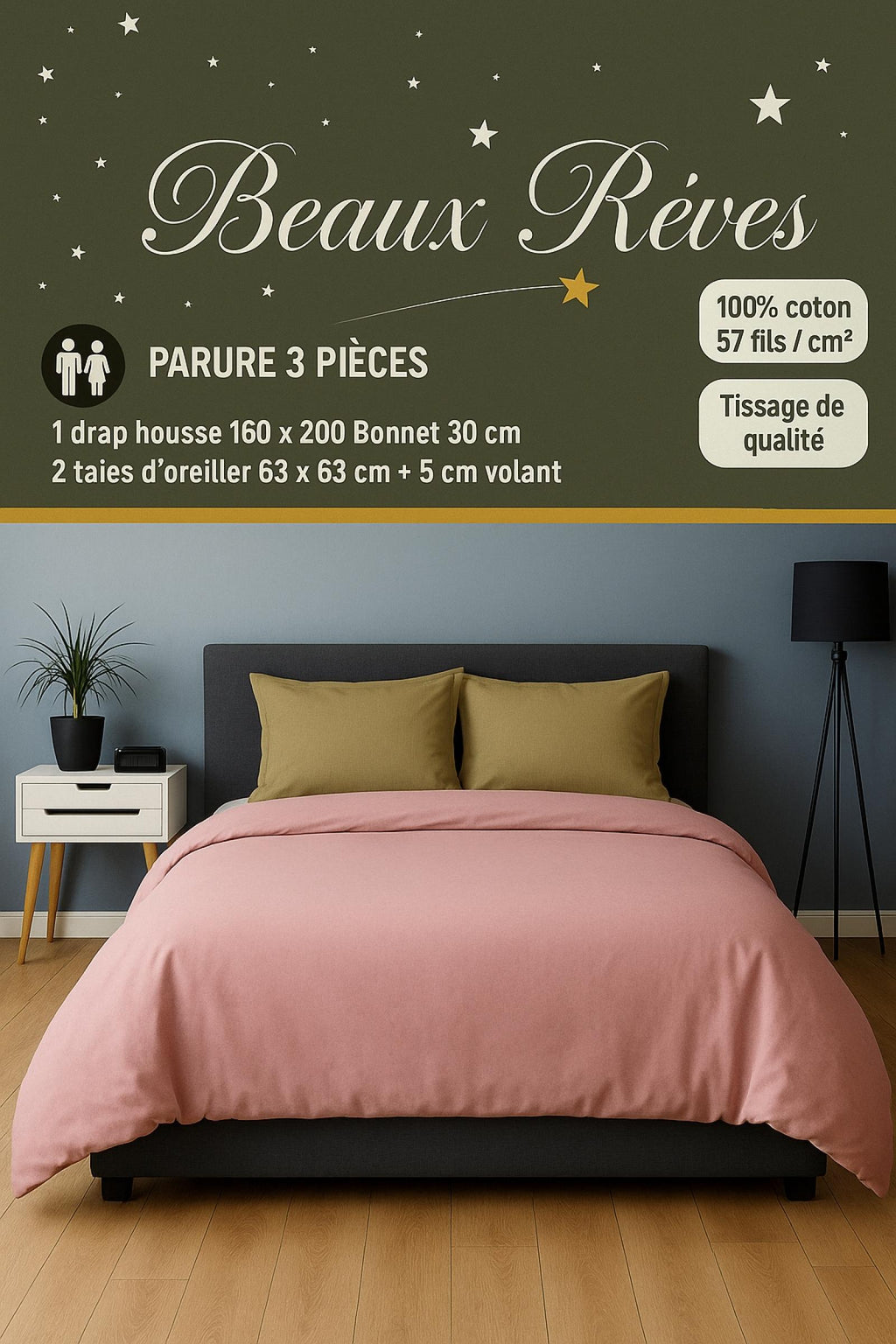 Parure de Lit Aurélie 3 pièce Rose/Beige 1 drap housse 160x200 bonnets 30cm 2 taies d’oreiller 63x63cm + 5cm volant