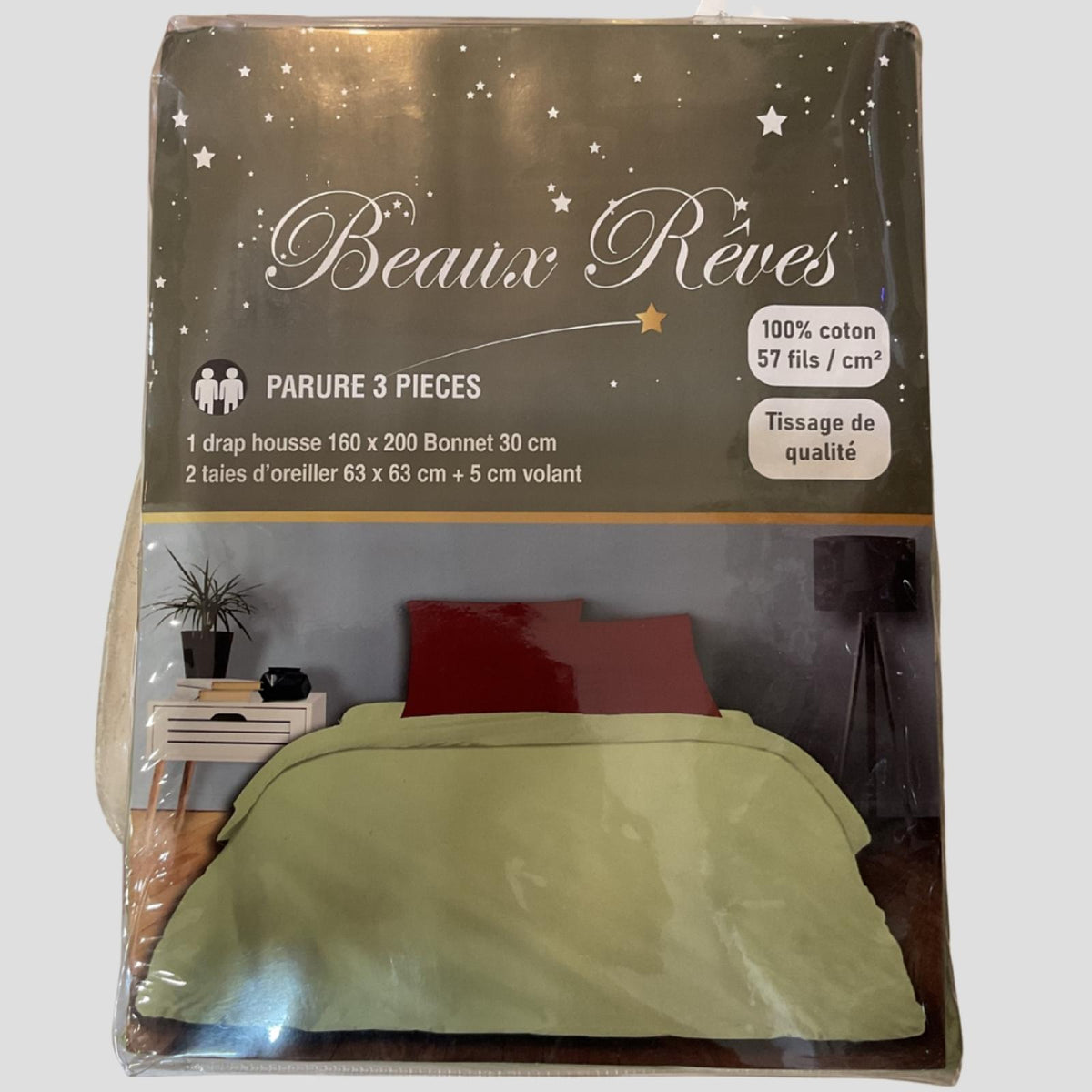 Parure de Lit Aurélie 3 pièce Vert d'eau/Bordeaux 1 drap housse 160x200 bonnets 30cm 2 taies d’oreiller 63x63cm + 5cm volant