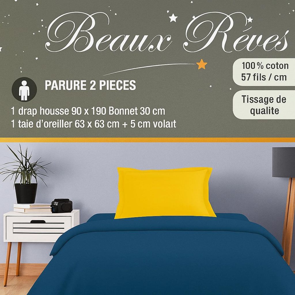 Parure de Lit Elisa 2 pièces Bleu/Jaune 1 drap housse 90x190 bonnet 30 cm et 1 taie d’oreiller 63x63 + 5 cm volant