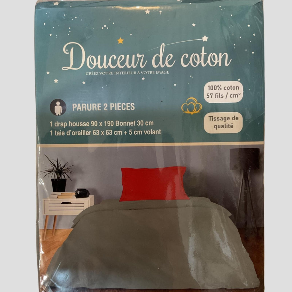 Parure de Lit Elisa 2 pièces Gris/Rouge 1 drap housse 90x190 bonnet 30 cm et 1 taie d’oreiller 63x63 + 5 cm volant