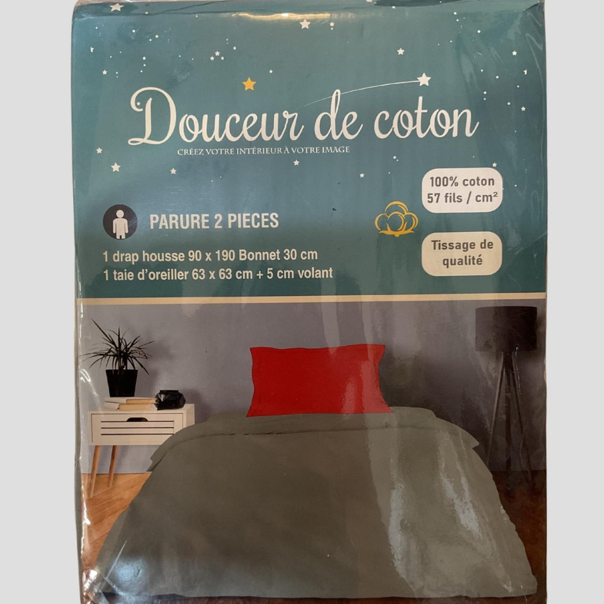 Parure de Lit Elisa 2 pièces Gris/Rouge 1 drap housse 90x190 bonnet 30 cm et 1 taie d’oreiller 63x63 + 5 cm volant