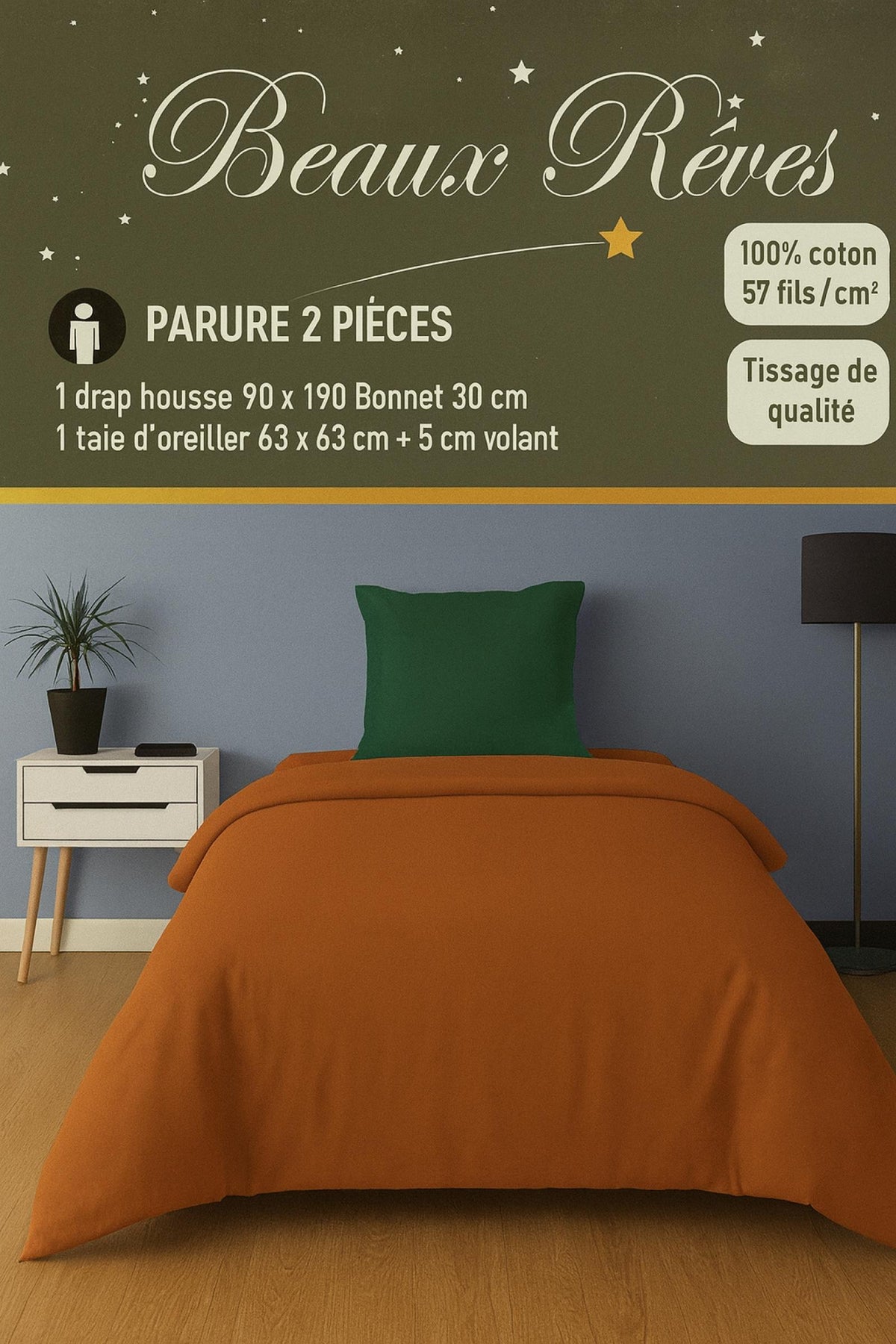 Parure de Lit Elisa 2 pièces Marron/Vert 1 drap housse 90x190 bonnet 30 cm et 1 taie d’oreiller 63x63 + 5 cm volant