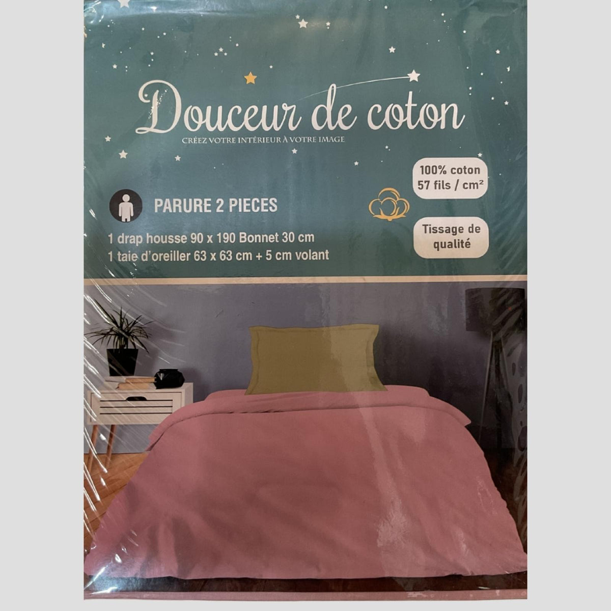 Parure de Lit Elisa 2 pièces Rose/Taupe 1 drap housse 90x190 bonnet 30 cm et 1 taie d’oreiller 63x63 + 5 cm volant