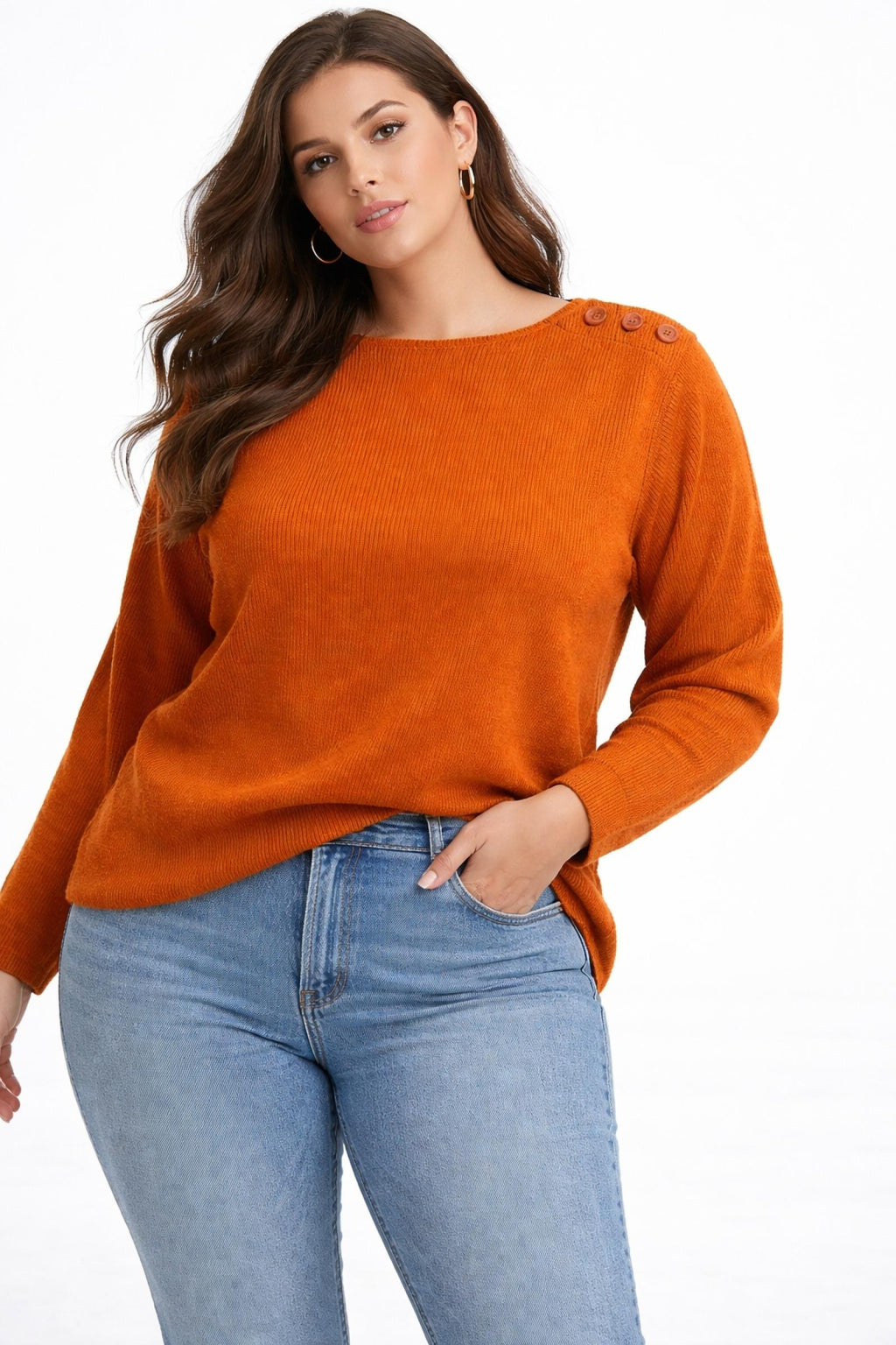 Pull grandes tailles orange à boutons Modèle Auriana - Santa Mode