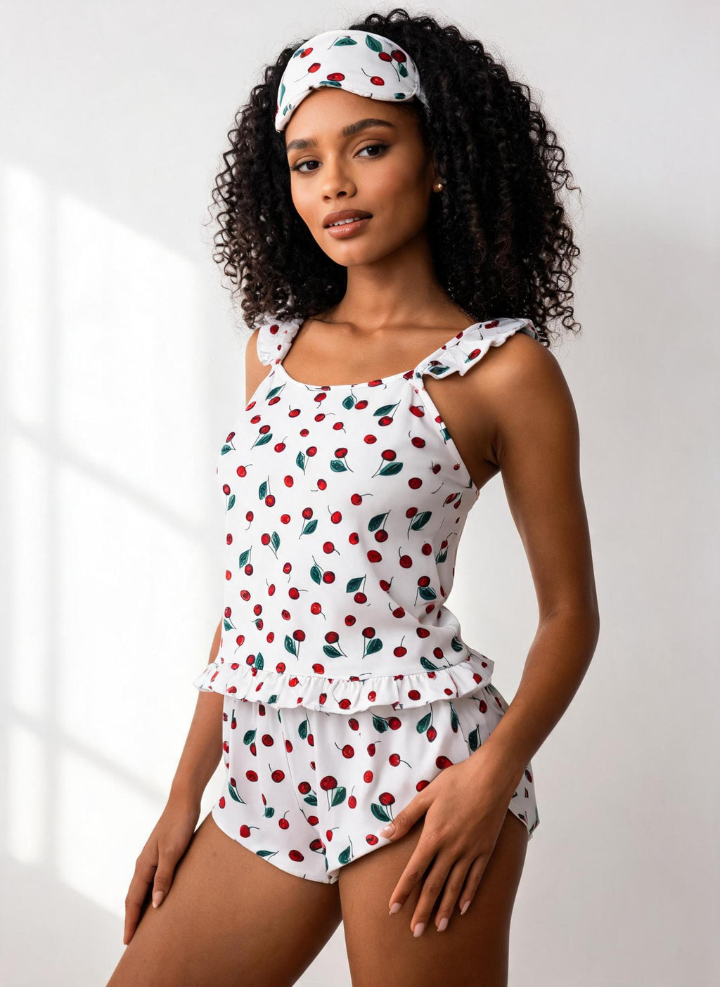 Pyjama blanc à cerises avec bandeau de nuit Modèle Cerise