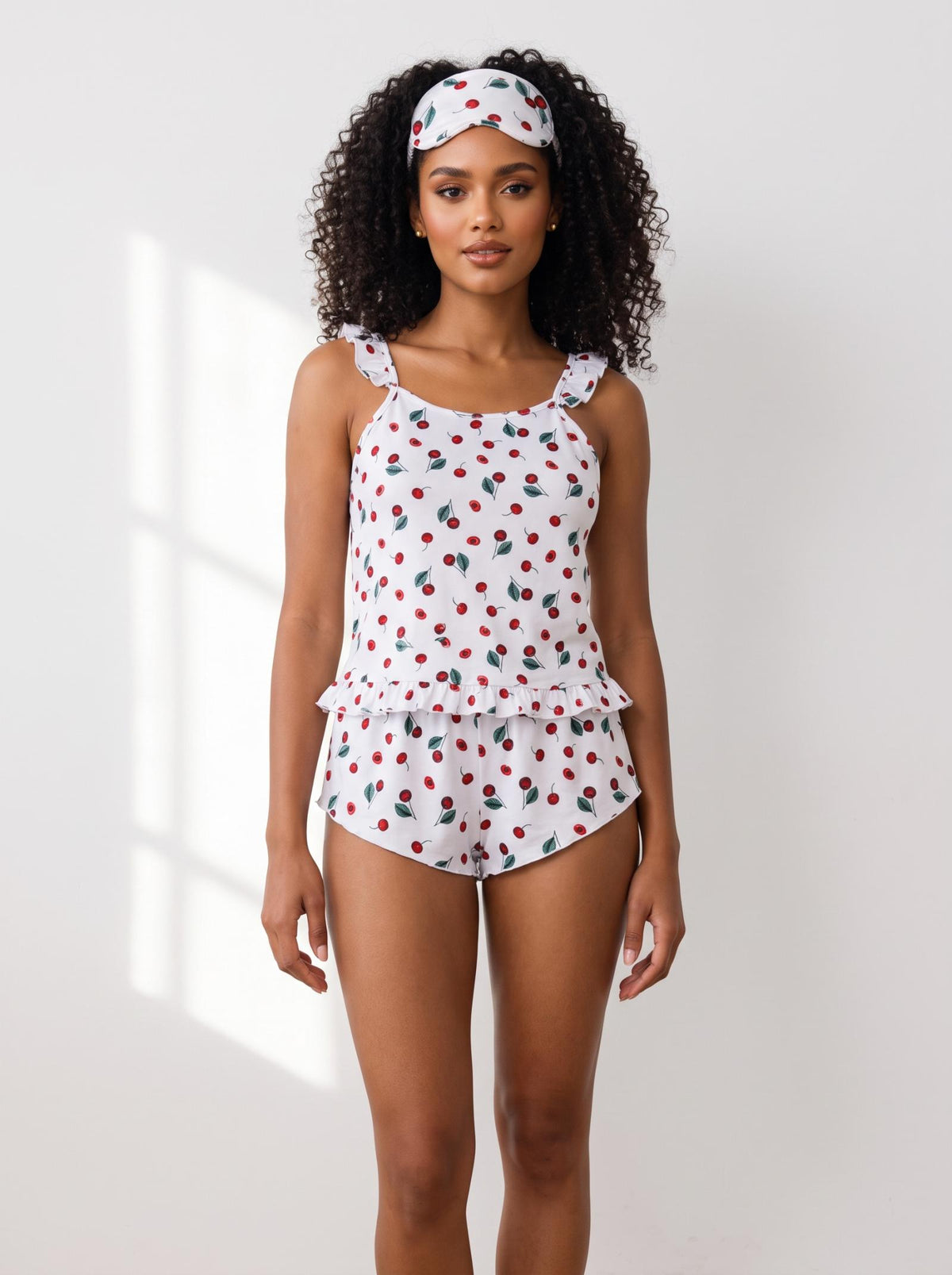 Pyjama blanc à cerises avec bandeau de nuit Modèle Cerise - vue 4