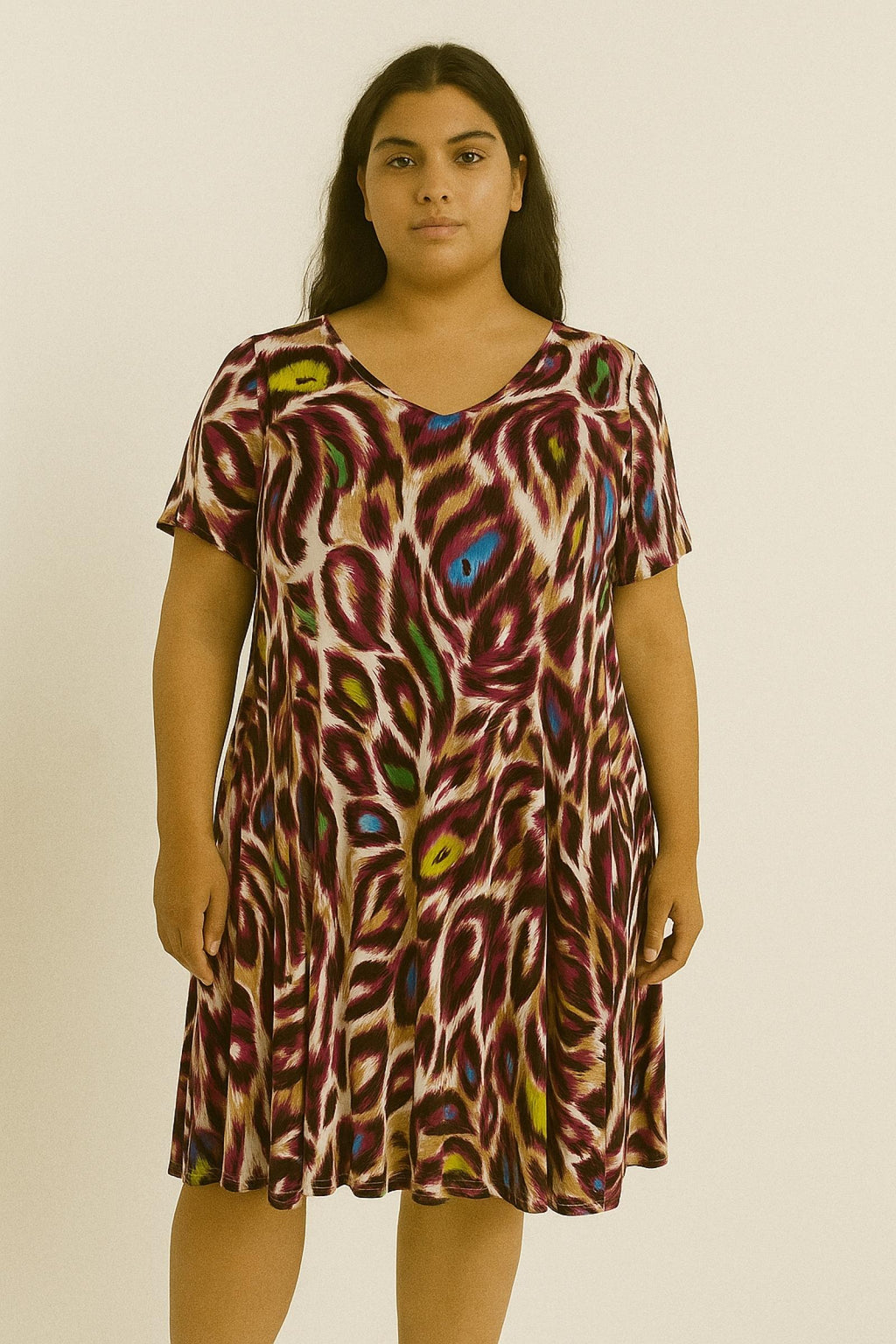Robe casual grandes tailles plumes mauve Modèle Isabella - Santa Mode