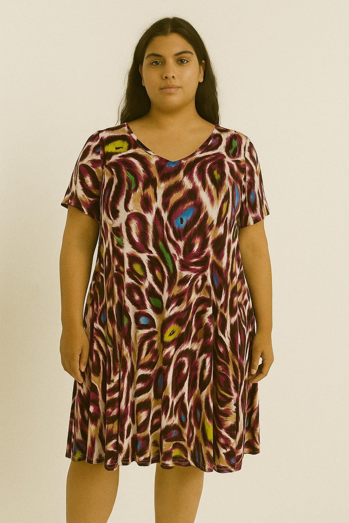 Robe casual grandes tailles plumes mauve Modèle Isabella - Santa Mode
