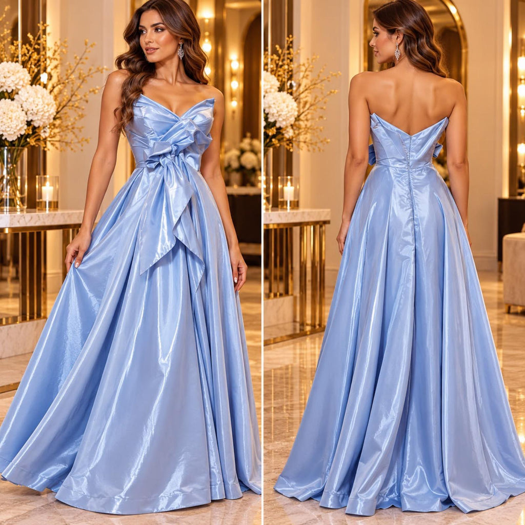 Robe de soirée bleu ciel à nœud