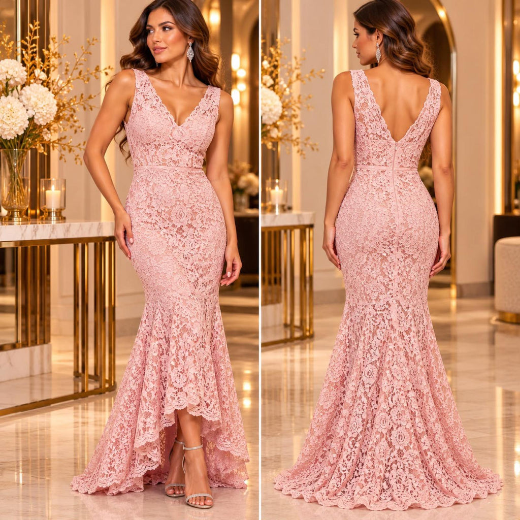Robe de soirée rose en dentelle